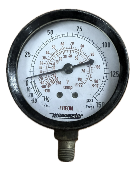FREON PRESSURE GAUGE 2-1/2" 30INHG-150PSI 1/8" BOTTOM MANOMETER