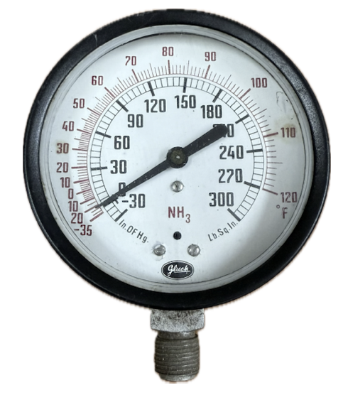 PRESSURE GAUGE 4" -30INHG-300PSI 3/8" BOTTOM GLUCK AMMONIA