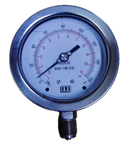 PRESSURE GAUGE 4" SS 11BAR/160PSI 1/2" BOTTOM GLYCERINE ITI UK